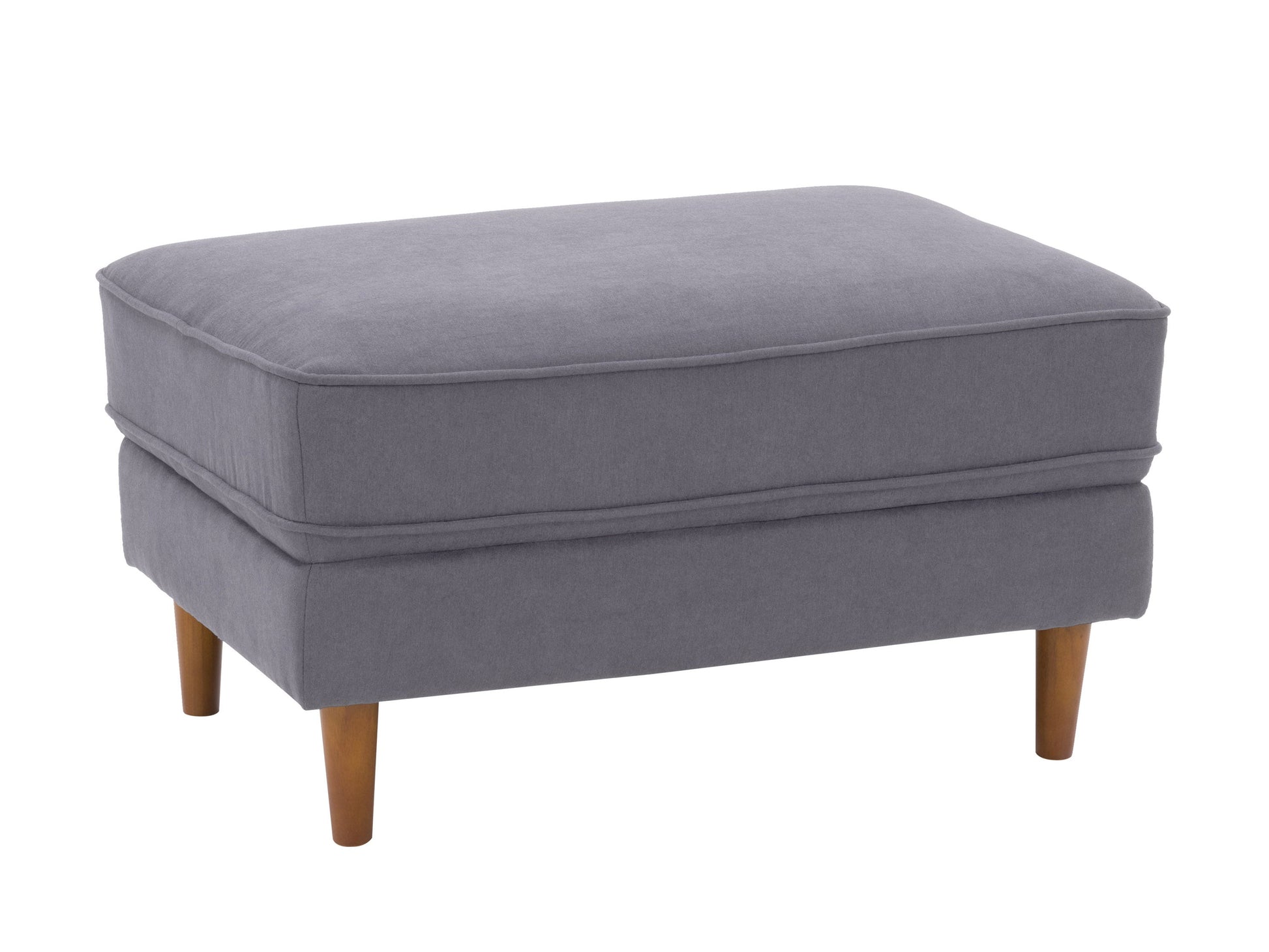 Mid-century modern grey ottoman with tufted cushion and wooden legs.