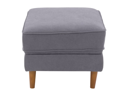 Mid-century modern grey ottoman with wooden legs and tufted fabric upholstery.