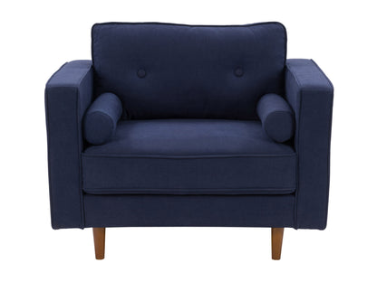 Mid-century modern navy blue armchair with wooden legs, tufted backrest, and sleek design.