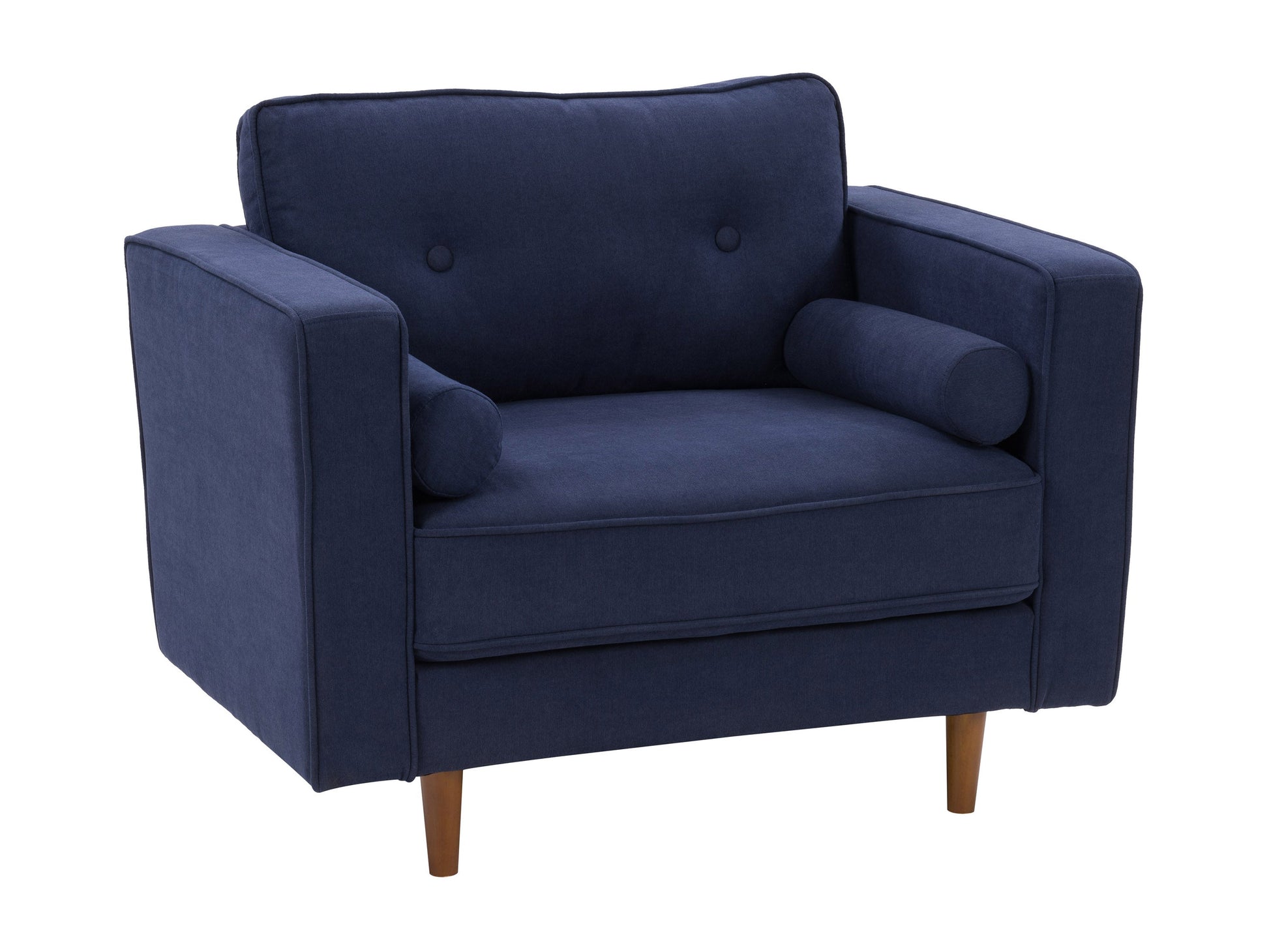 Navy blue mid-century modern arm chair with wooden legs and tufted backrest.