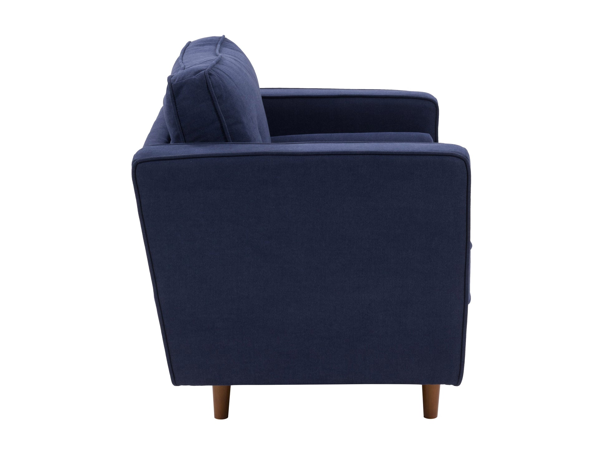 Navy blue mid-century modern arm chair with wooden legs and tufted cushions.