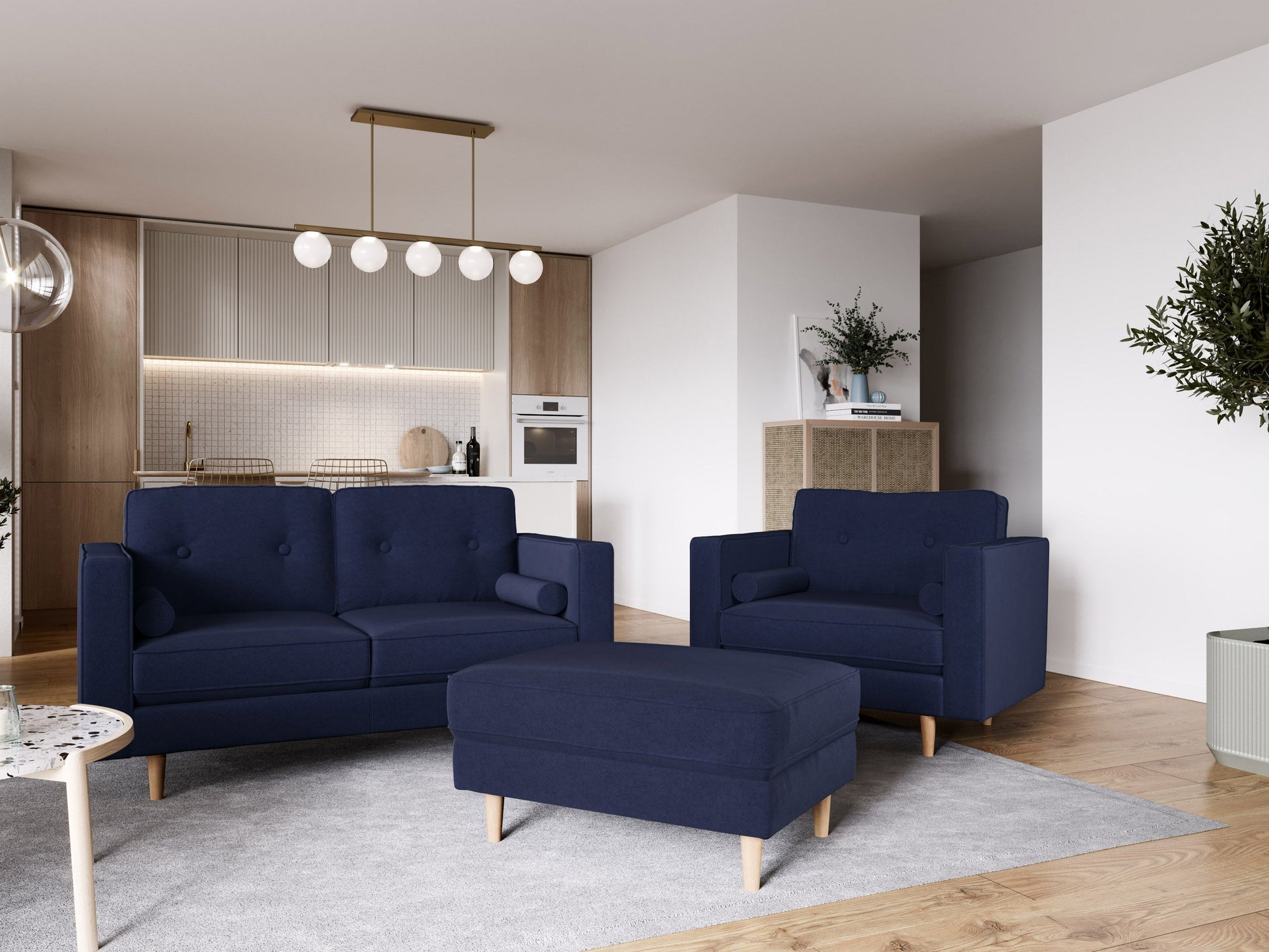 Navy blue mid-century modern ottoman with tufted cushion and wooden legs.