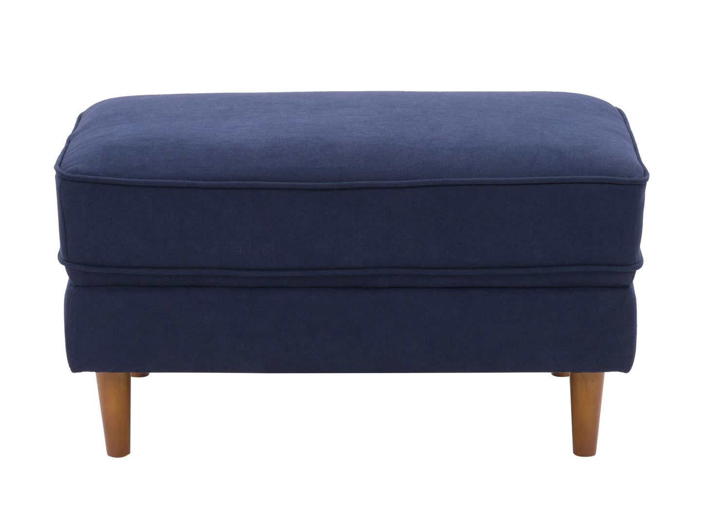 Navy blue mid-century modern ottoman with wooden legs and tufted cushion.