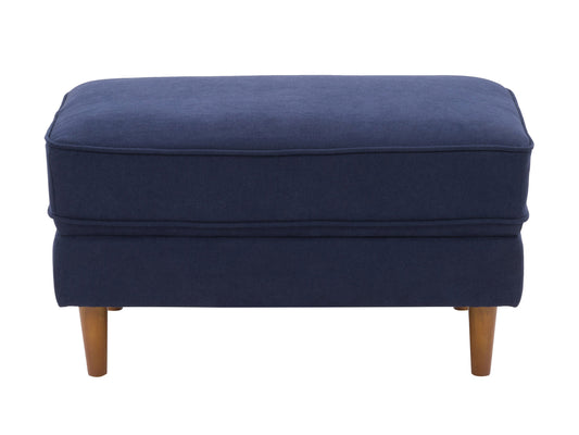 Navy blue mid-century modern ottoman with wooden legs and tufted cushion.