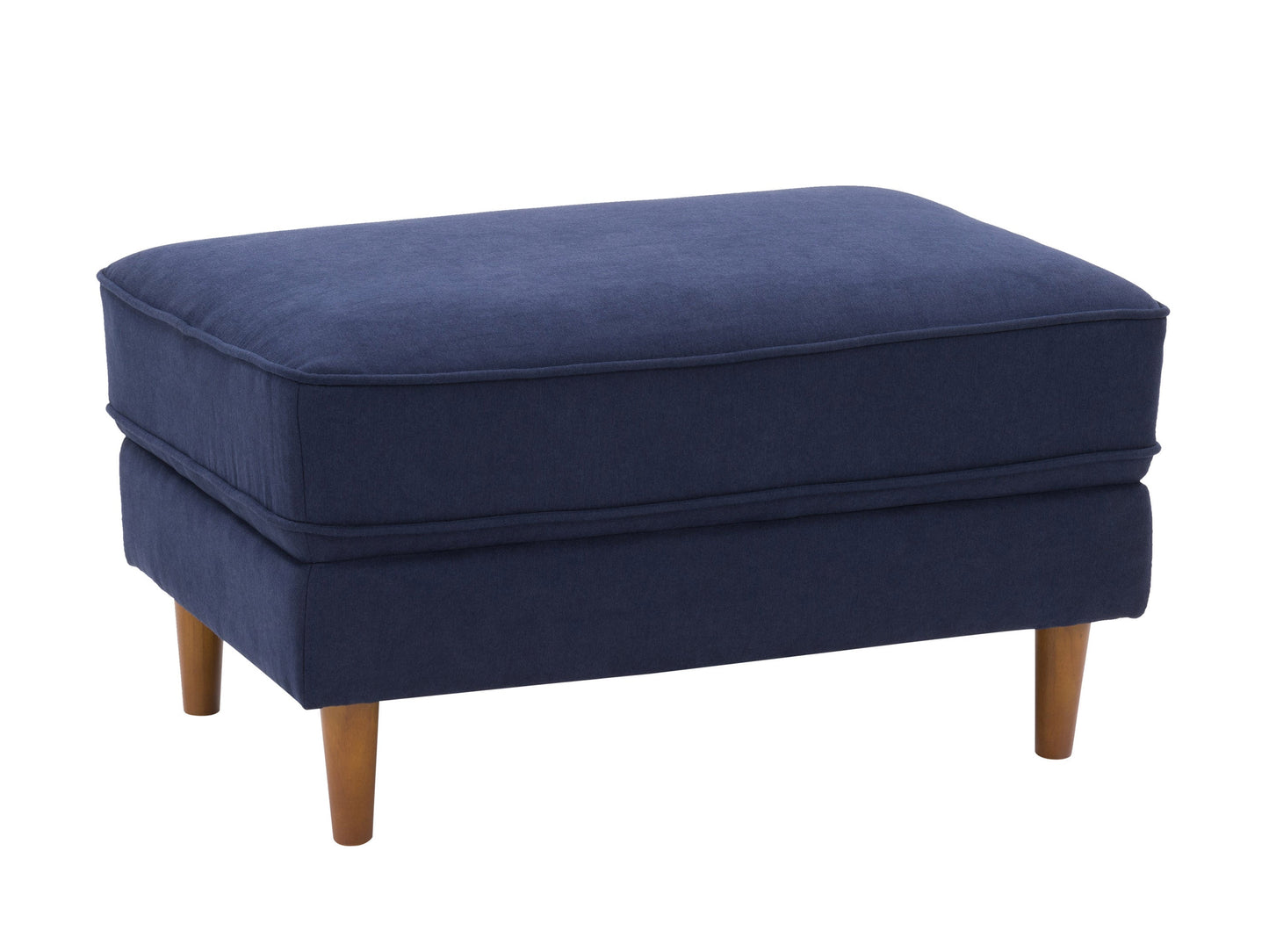 Navy blue mid-century modern ottoman with tufted cushion and wooden legs.