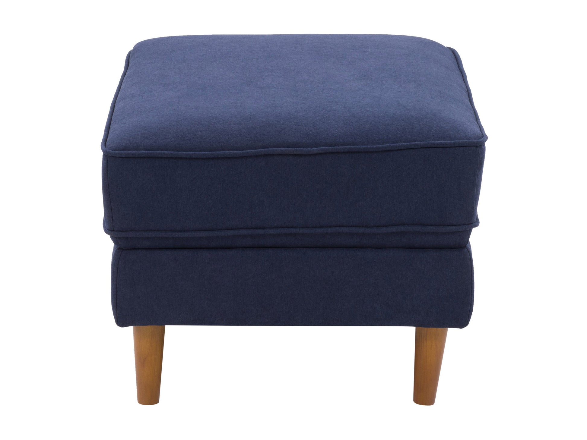 Navy blue mid-century modern ottoman with wooden legs and tufted cushion.