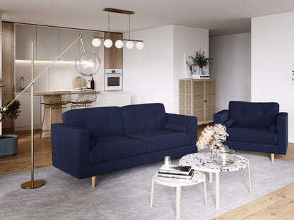 Navy blue 3 seater sofa with plush cushions and wooden legs, perfect for modern living rooms.