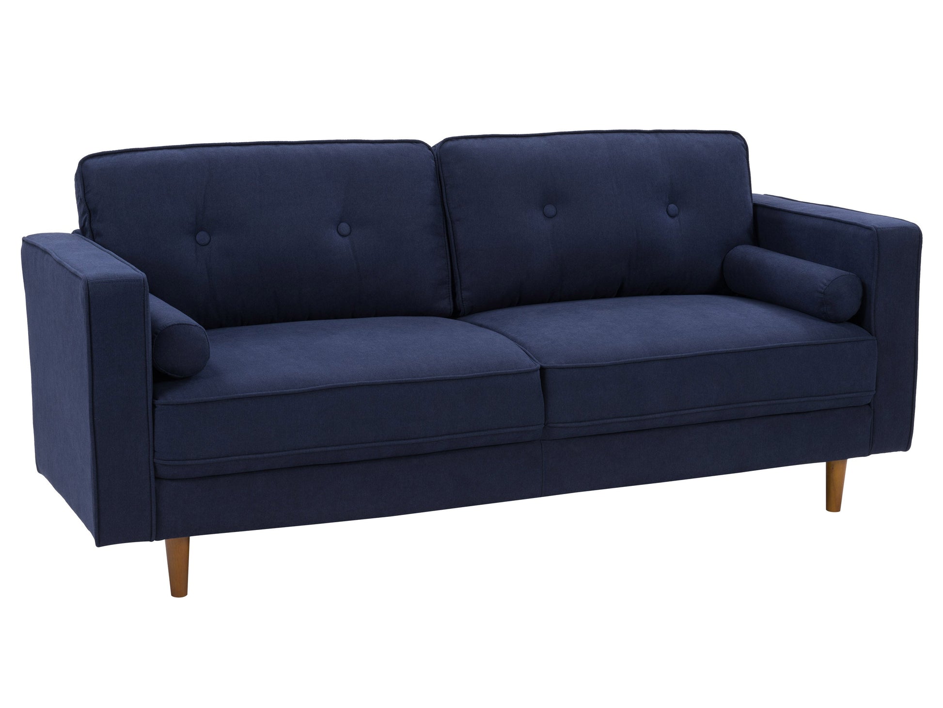 Navy blue 3-seater sofa with plush fabric, wooden legs, and contemporary design.