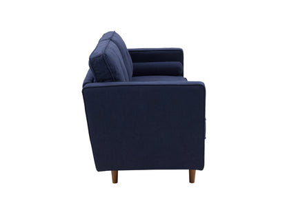 Navy blue 3 seater sofa with tufted cushions, wooden legs, and modern design.