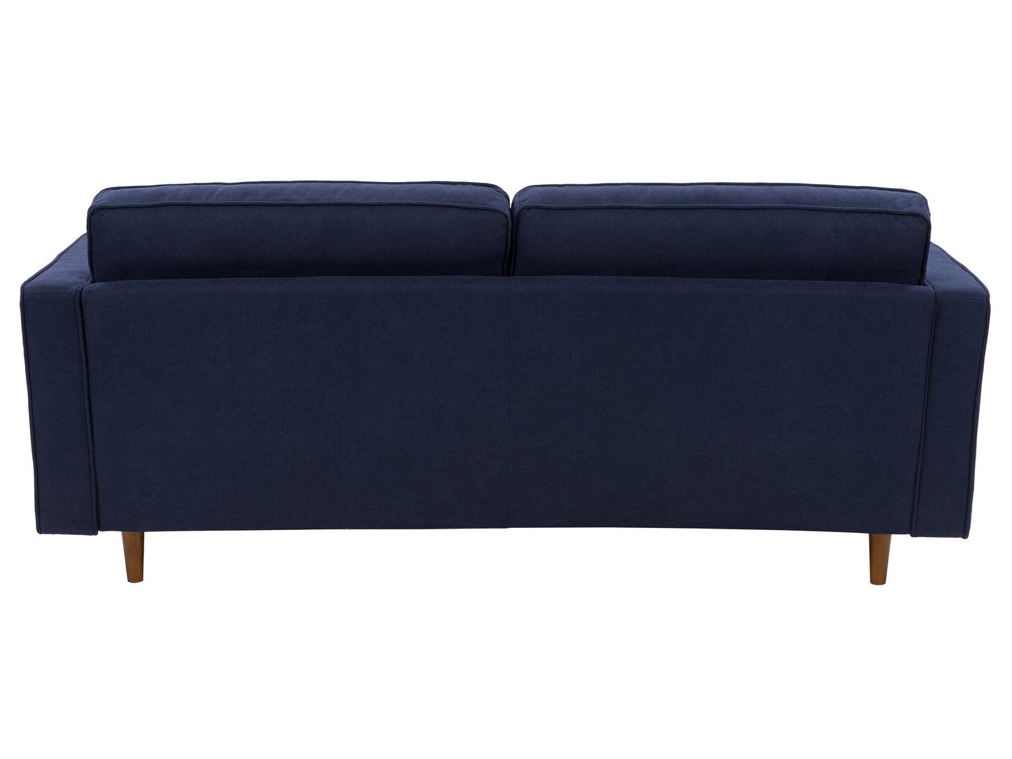 Navy blue 3-seater sofa with tufted cushions, wooden legs, and a contemporary design.