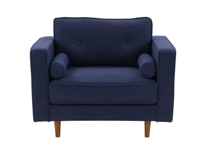 Navy blue living room sofa set, 4-piece with tufted cushions, wooden legs, and modern design.