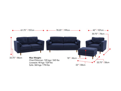 Navy blue 4-piece living room sofa set with plush cushions, wooden legs, and modern design.