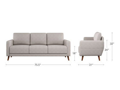 Grey 3-seat sofa with wooden legs, tufted cushions, and a contemporary design.