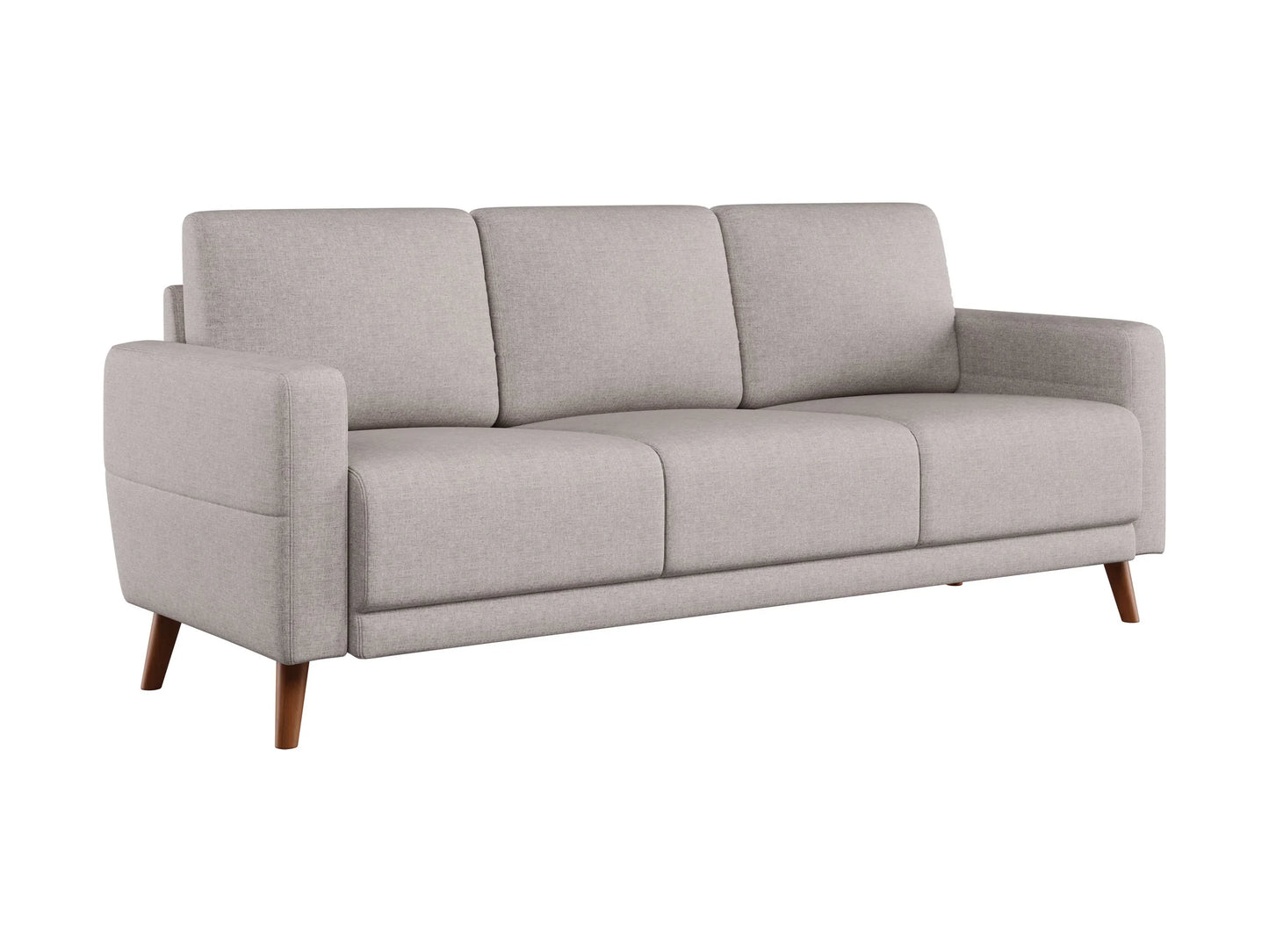 Modern L-shaped gray fabric sectional sofa with wooden legs and tufted cushions, featuring a chaise lounge and sturdy construction, perfect for contemporary living rooms.