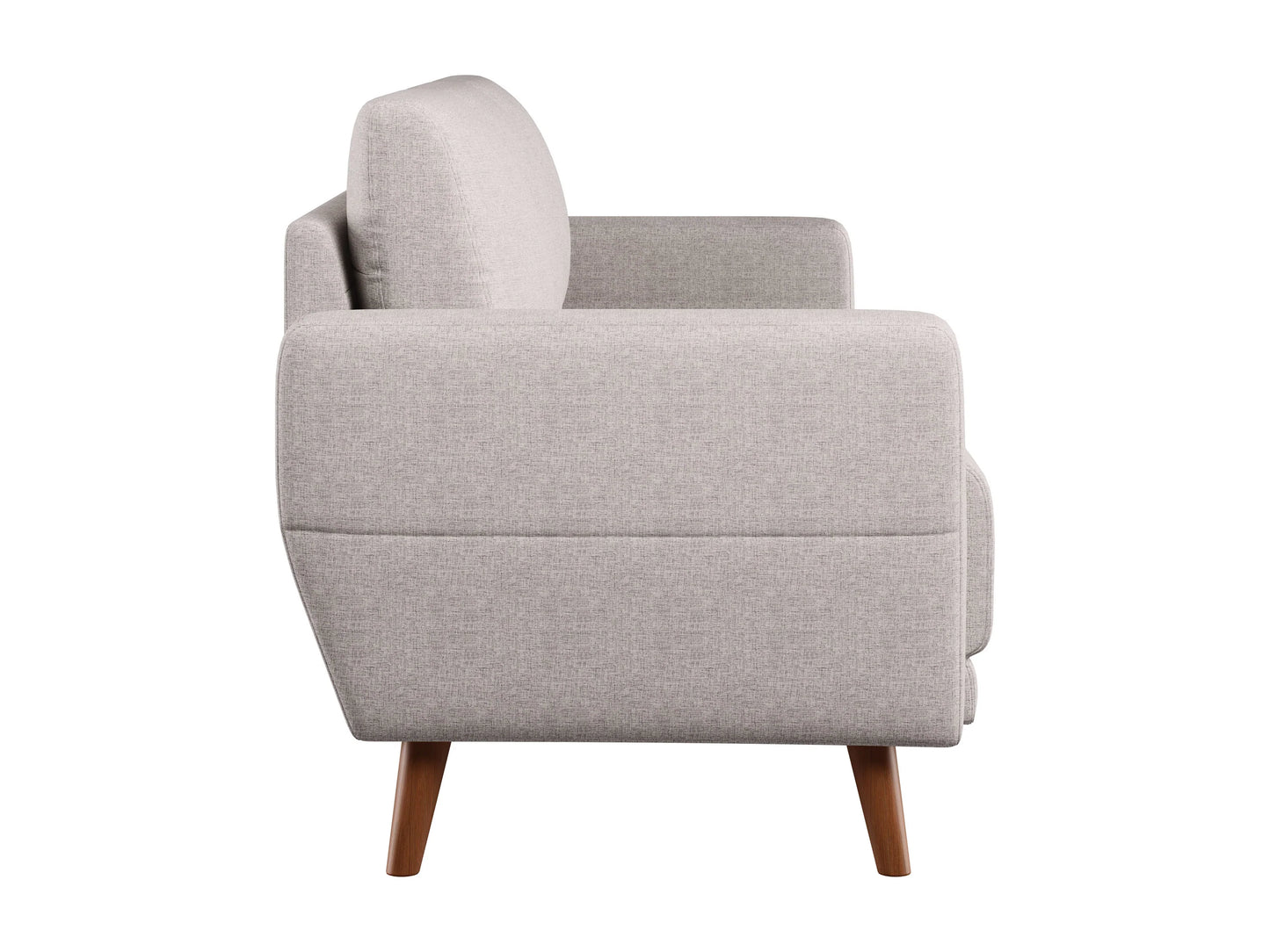 Elegant gray fabric sofa with tufted backrest, wooden legs, and plush cushions, perfect for modern living rooms.