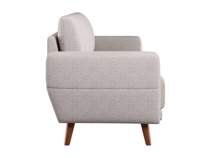 Elegant gray fabric sofa with tufted backrest, wooden legs, and plush cushions, perfect for modern living rooms.