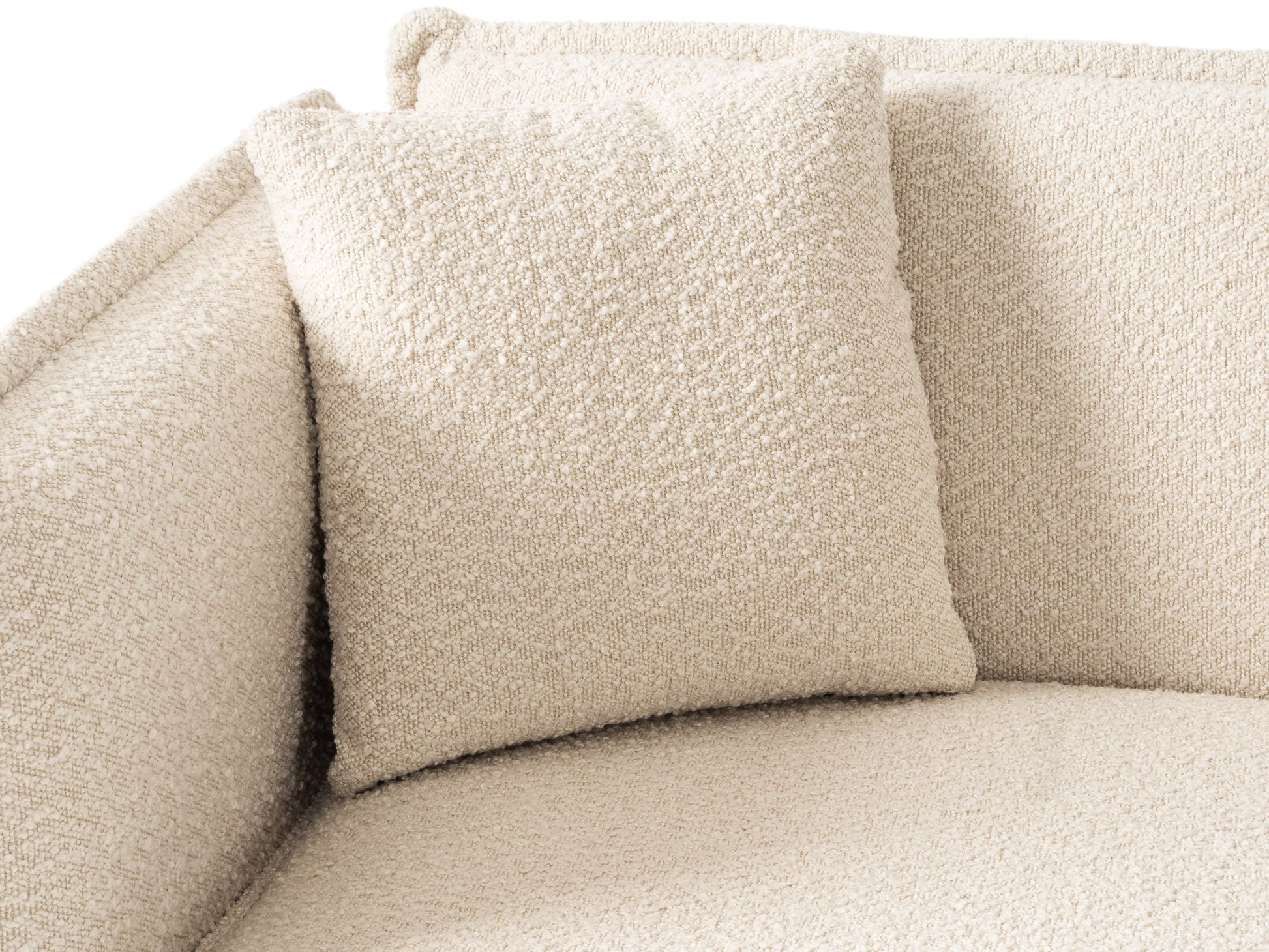 Cream boucle loveseat with wooden legs, tufted backrest, and modern design.