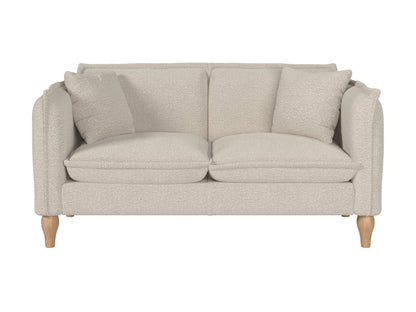 Boucle loveseat with cream fabric, curved backrest, and wooden legs, perfect for modern and cozy living rooms.