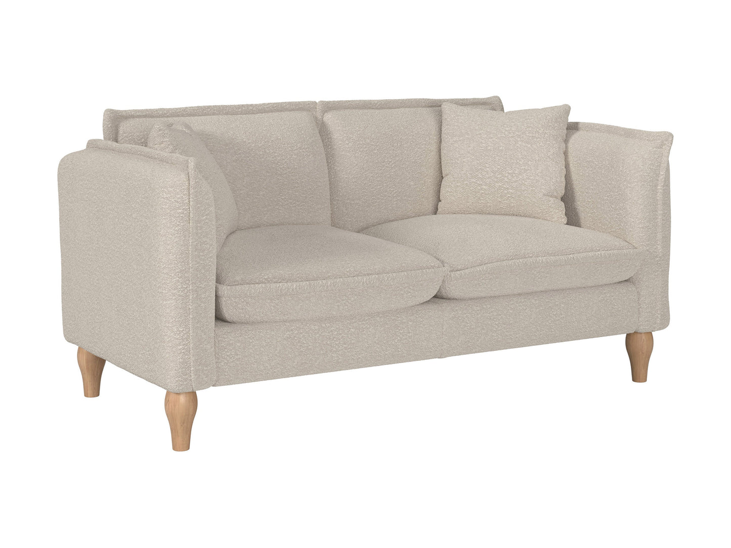 Boucle loveseat with curved backrest, white textured fabric, and sleek wooden legs for modern living rooms.