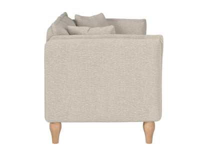 Cream boucle loveseat with curved back, plush cushions, and wooden legs, perfect for modern living rooms. Upholstered in soft, textured boucle fabric for a cozy and stylish seating option.