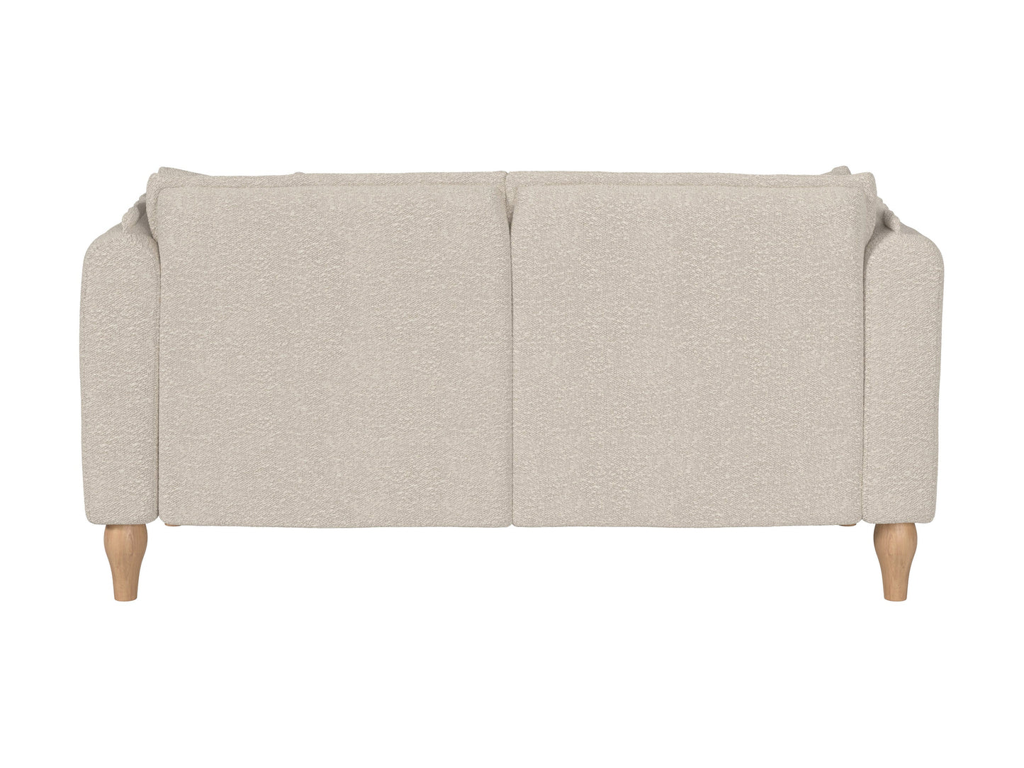 White boucle loveseat with curved back, wooden legs, and plush cushions, perfect for modern living rooms.