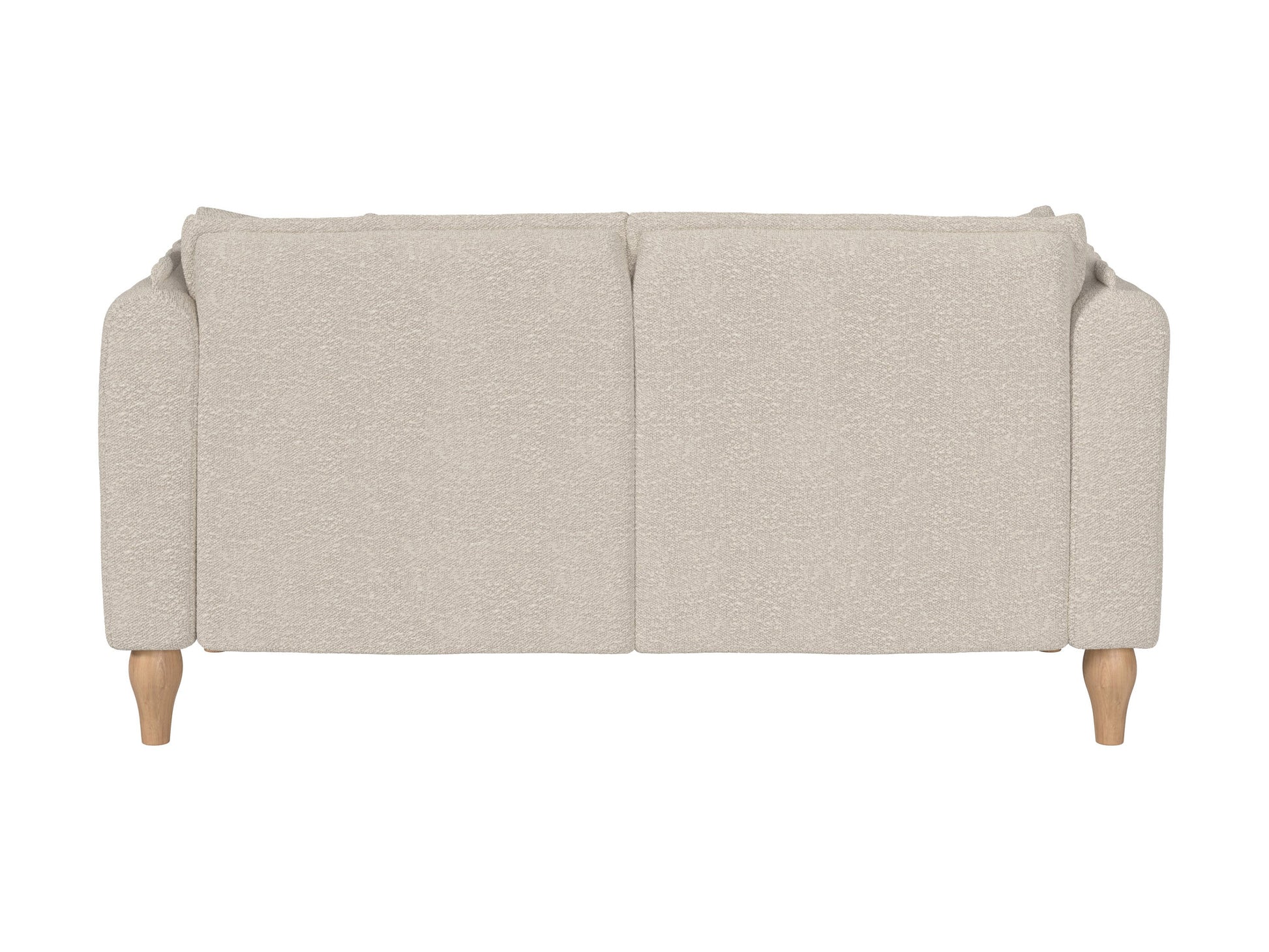 White boucle loveseat with curved back, wooden legs, and plush cushions, perfect for modern living rooms.