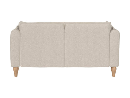 White boucle loveseat with curved back, wooden legs, and plush cushions, perfect for modern living rooms.