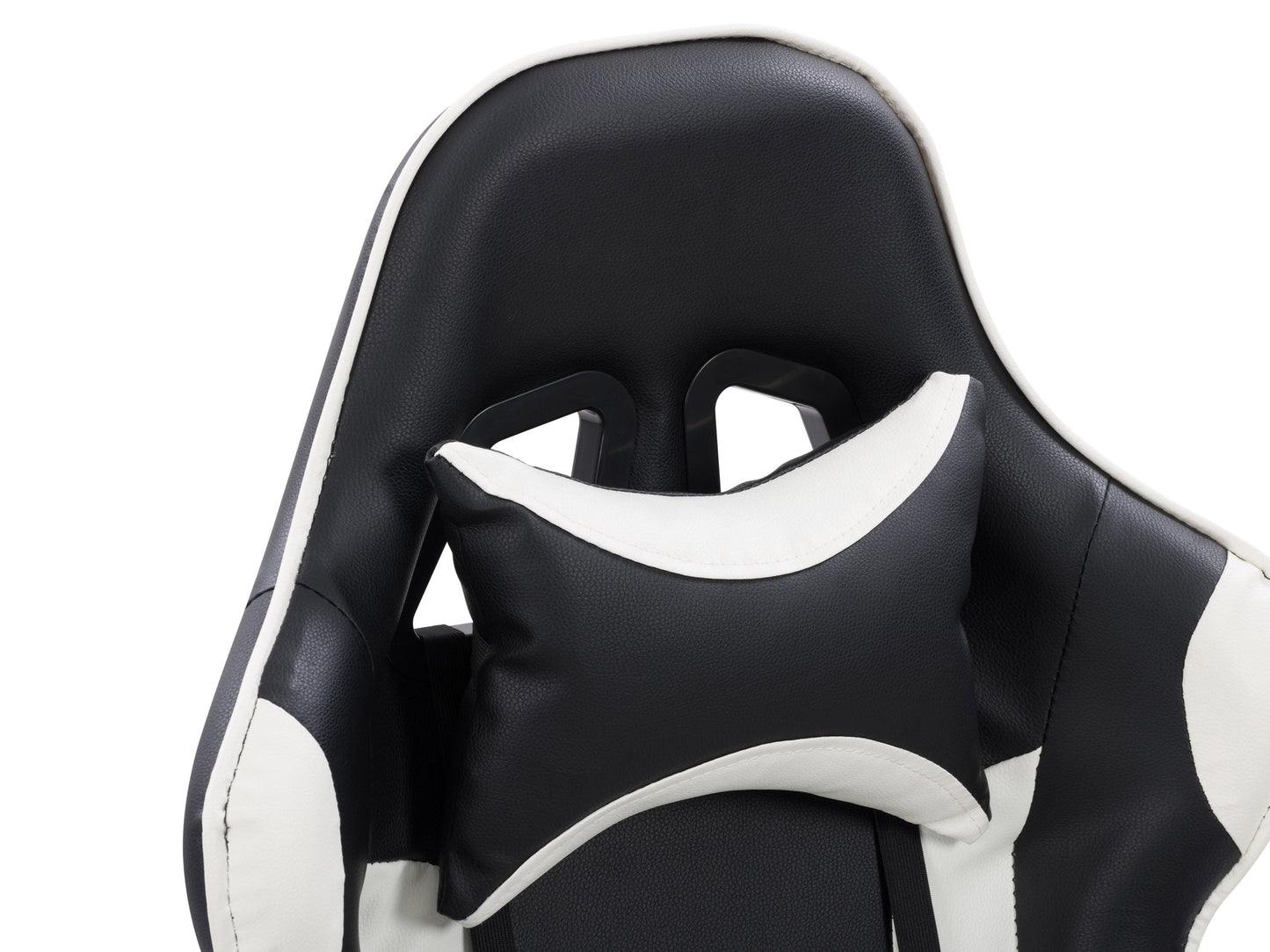 Black and white reclining gaming chair with ergonomic design, padded armrests, and adjustable headrest.