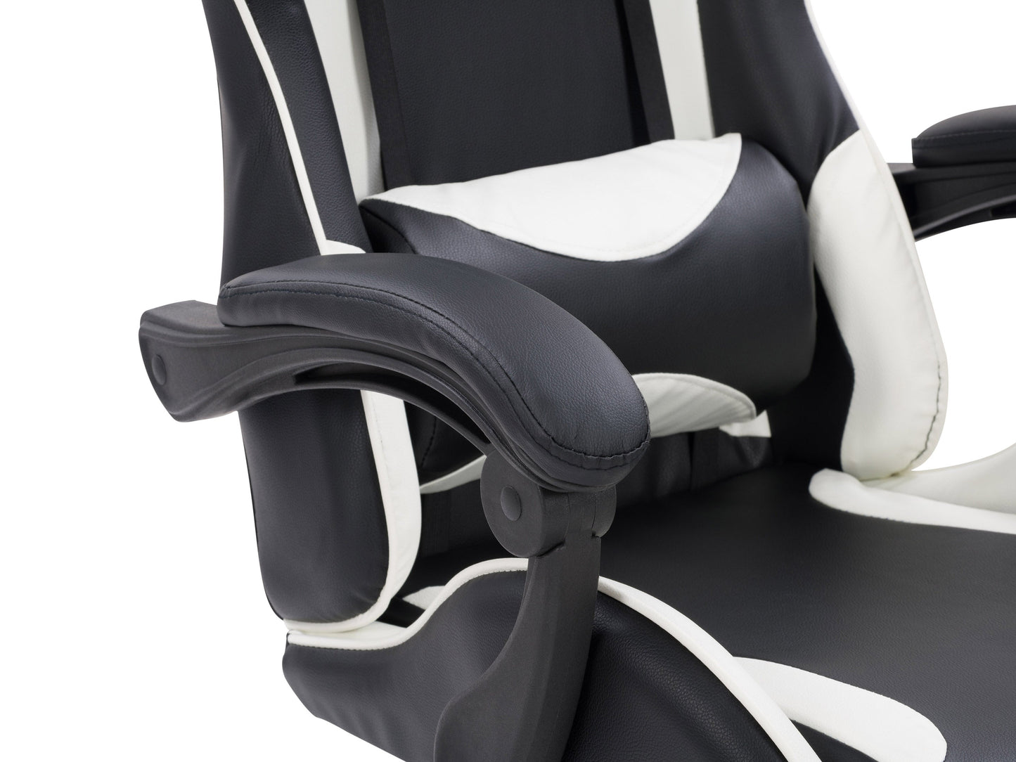 Black and white reclining gaming chair with ergonomic design, padded armrests, and high back support for optimal comfort.