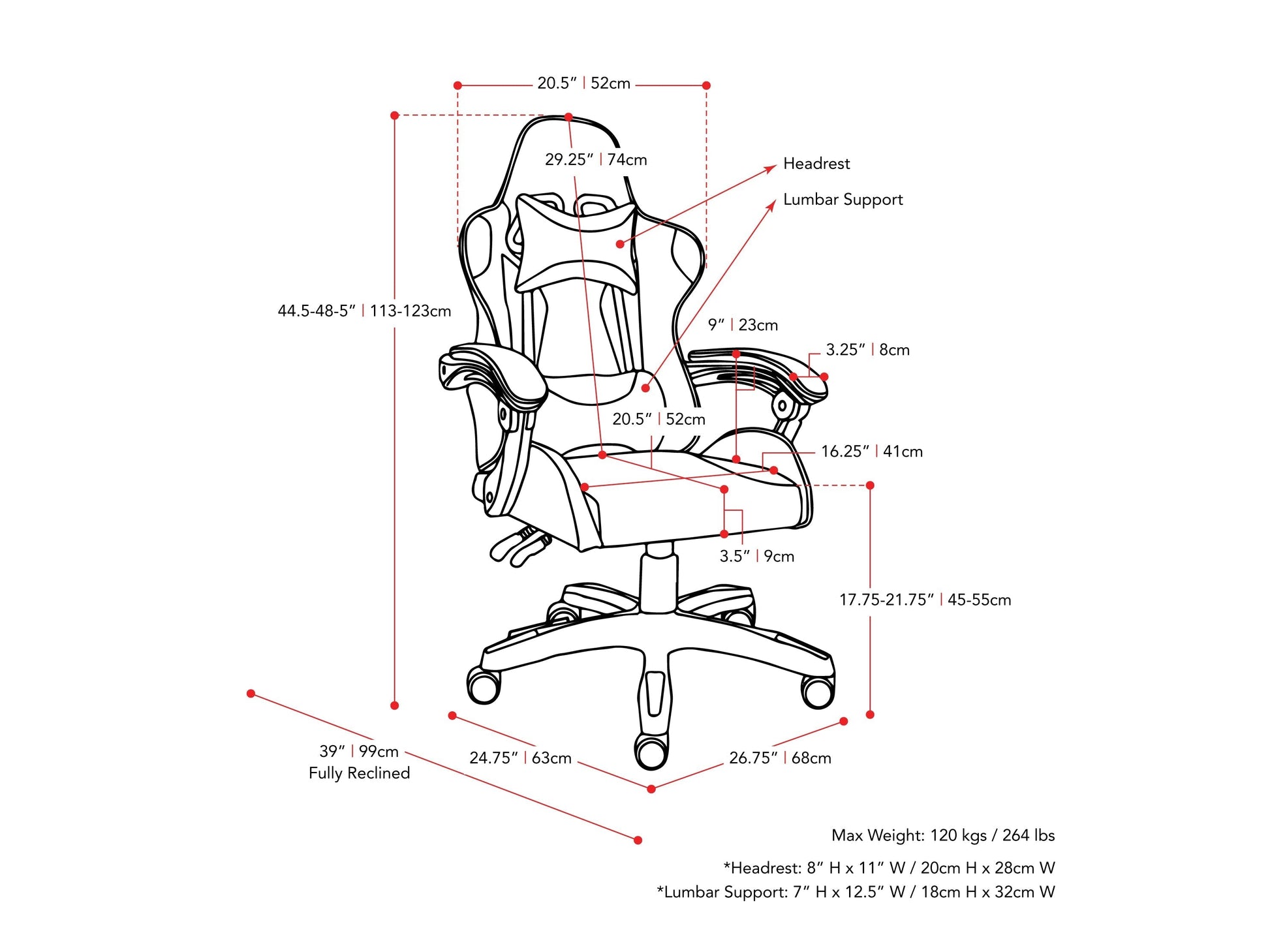 Black and white reclining gaming chair with ergonomic design, padded armrests, and adjustable lumbar support.