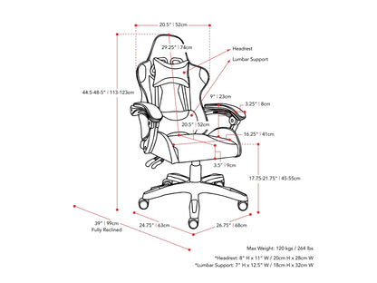 Black and white reclining gaming chair with ergonomic design, padded armrests, and adjustable lumbar support.