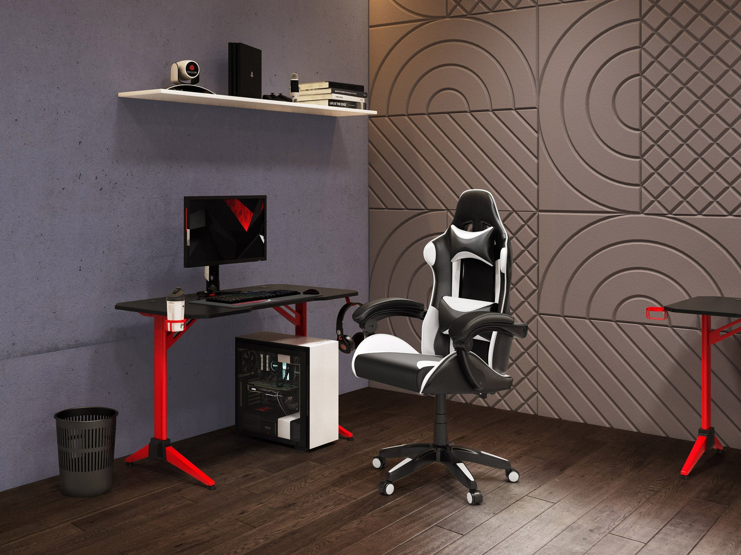 Black and white reclining gaming chair with ergonomic design, padded armrests, and adjustable headrest for ultimate comfort