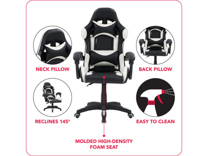 Black and white reclining gaming chair with ergonomic design, padded armrests, and adjustable headrest.