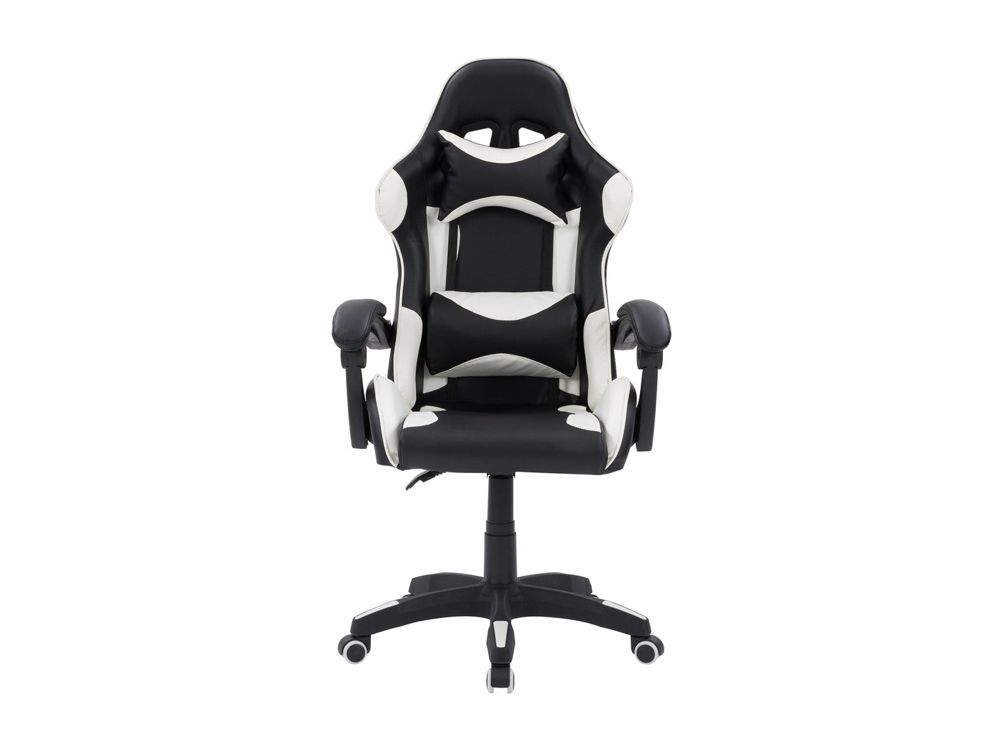 Black and white reclining gaming chair with ergonomic design, padded armrests, and adjustable headrest.