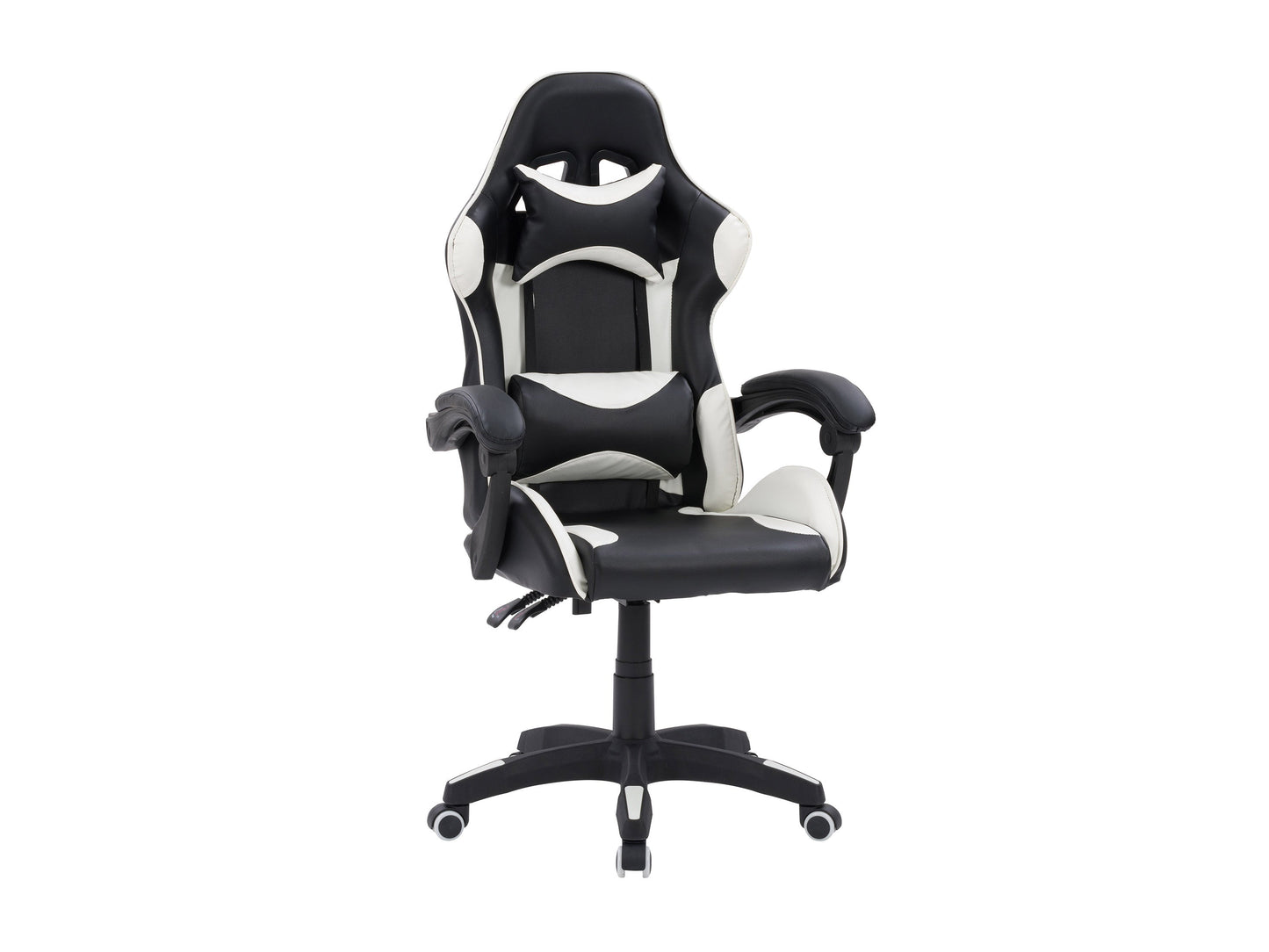 Black and white reclining gaming chair with ergonomic design, padded armrests, and adjustable headrest.