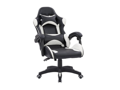 Black and white reclining gaming chair with ergonomic design, padded armrests, and adjustable headrest for ultimate comfort.