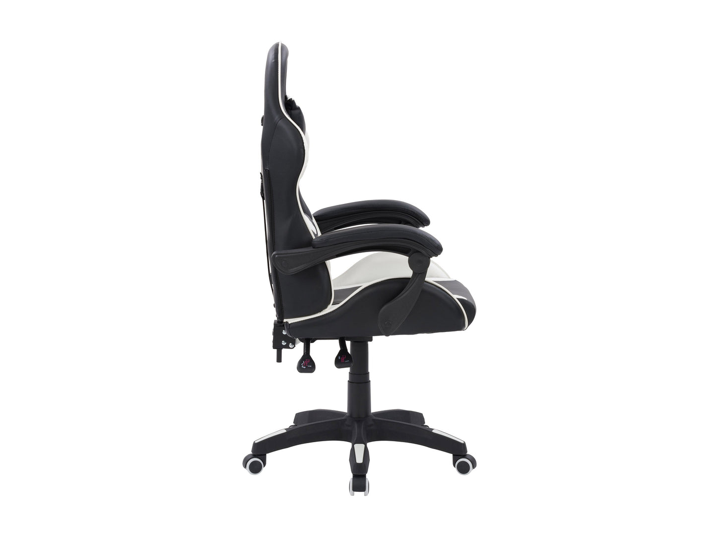 Black and white reclining gaming chair with ergonomic design, adjustable armrests, and high-density foam padding.