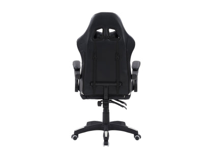 Black and white reclining gaming chair with ergonomic design, padded armrests, and adjustable headrest.