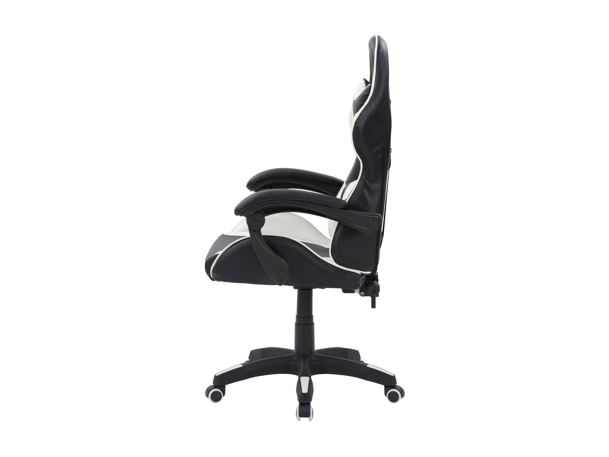 Black and white reclining gaming chair with ergonomic design, padded armrests, and adjustable headrest.