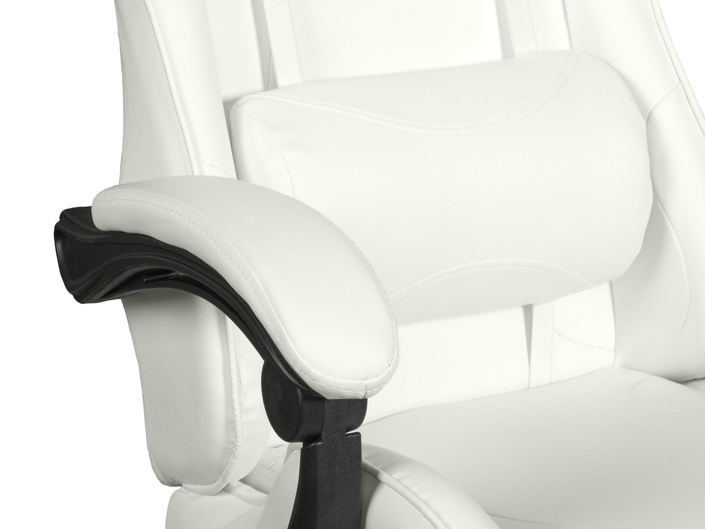 Reclining white gaming chair with ergonomic design, padded armrests, and adjustable headrest for ultimate comfort.