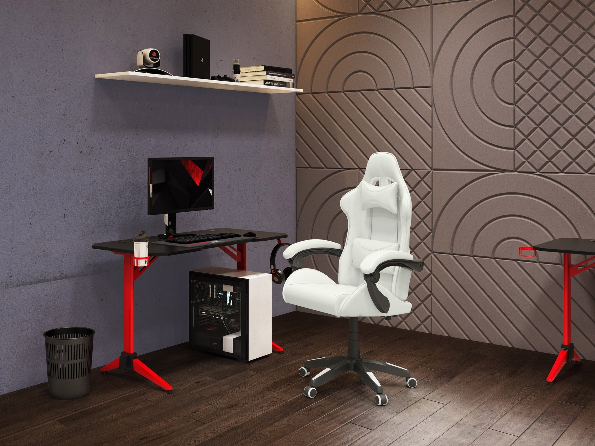 White reclining gaming chair with ergonomic design, padded armrests, and adjustable headrest for optimal comfort.