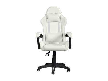 White reclining gaming chair with ergonomic design, padded armrests, and adjustable headrest for ultimate comfort.