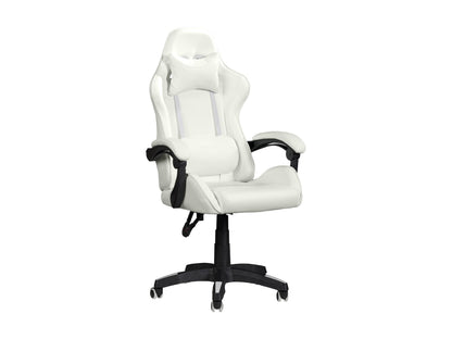 White reclining gaming chair with ergonomic design, adjustable armrests, and lumbar support.