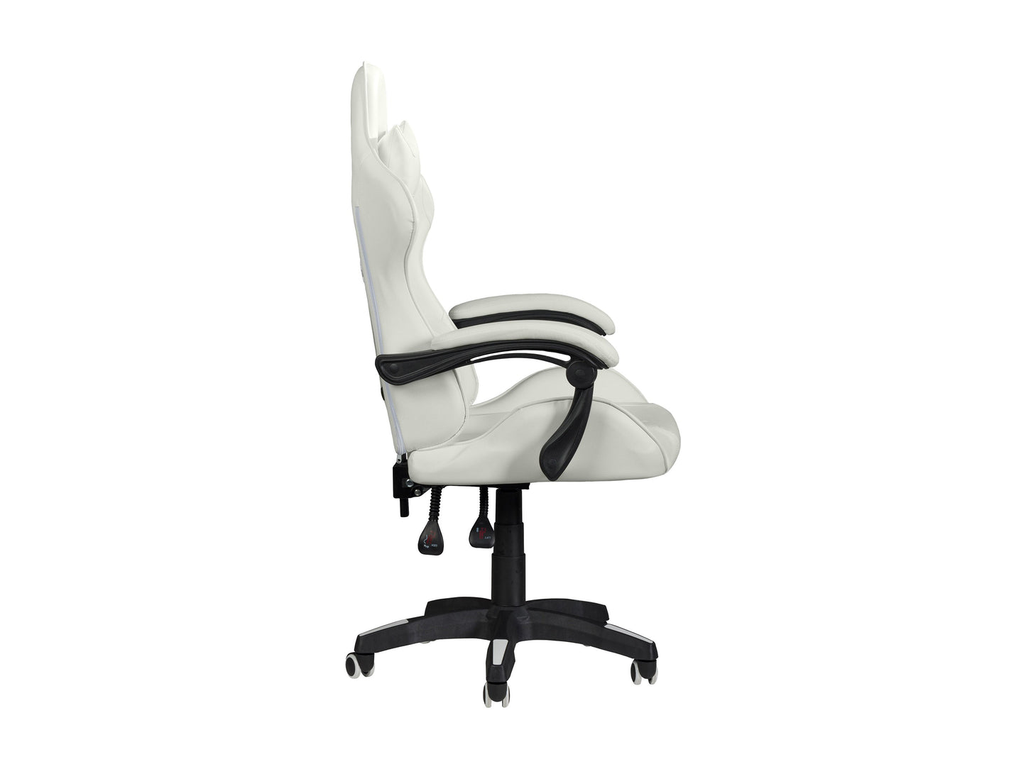 Reclining white gaming chair with ergonomic design, padded armrests, and adjustable headrest.