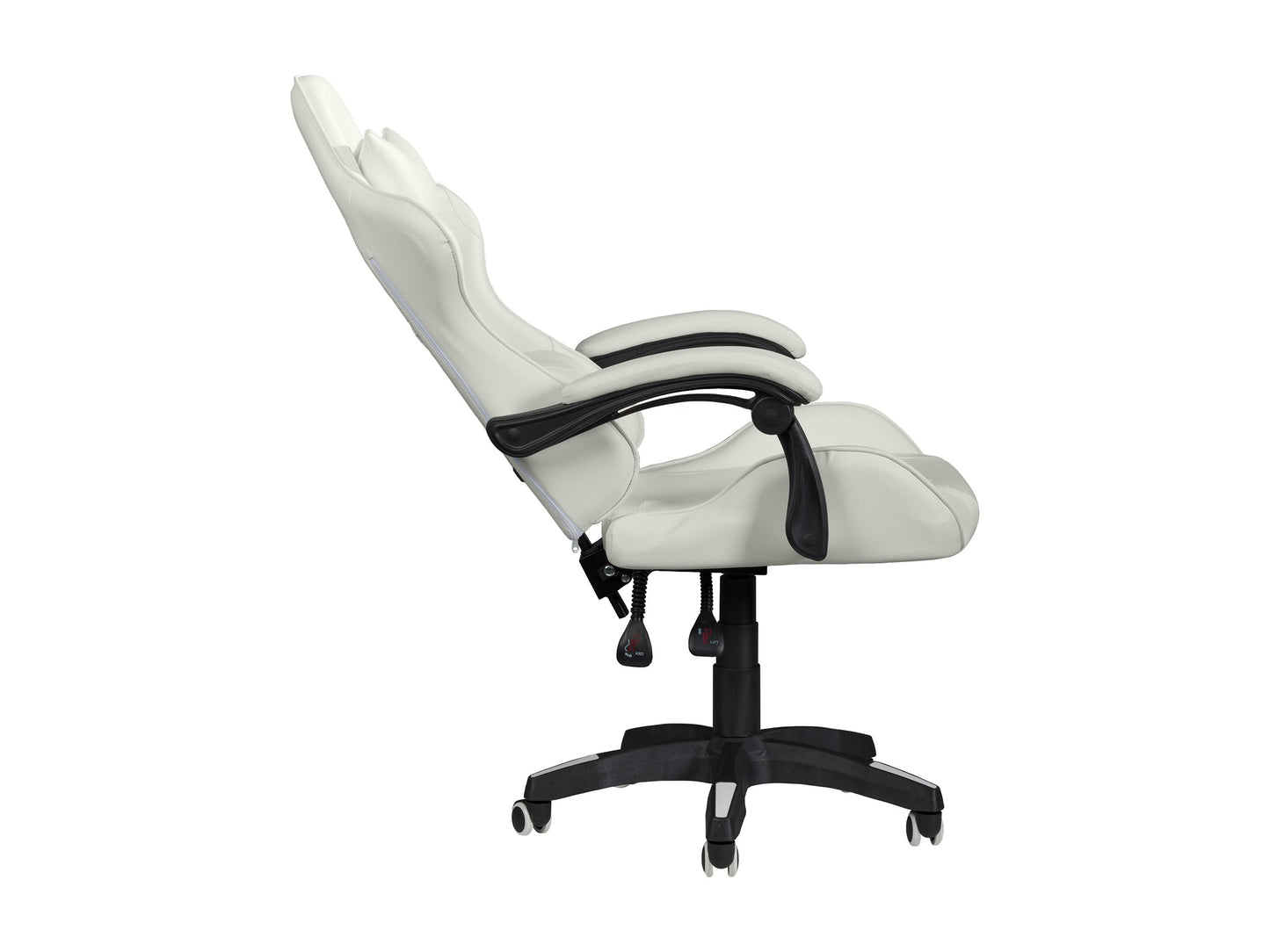 White reclining gaming chair with ergonomic design, padded armrests, and adjustable headrest for ultimate comfort.