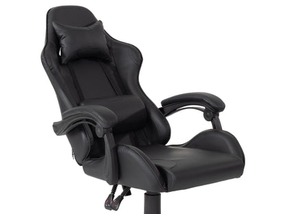 Reclining black gaming chair with ergonomic design, padded armrests, and adjustable lumbar support.