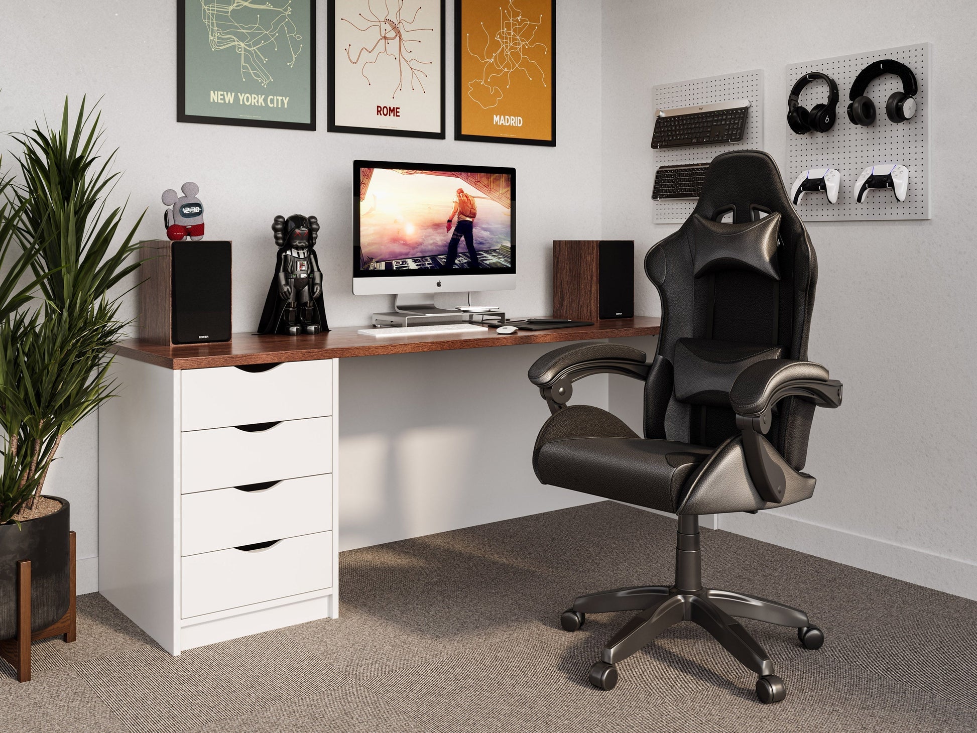 Black reclining gaming chair with ergonomic design, padded armrests, and adjustable headrest for ultimate comfort.