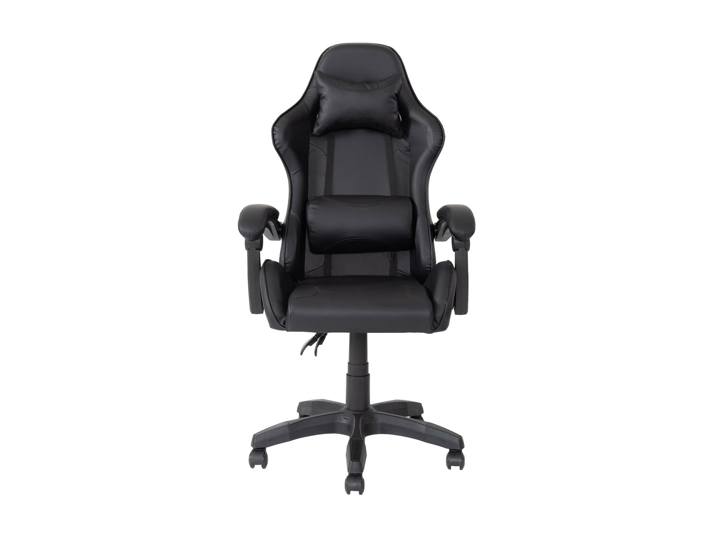 Black reclining gaming chair with ergonomic design, padded armrests, and adjustable headrest for optimal comfort.