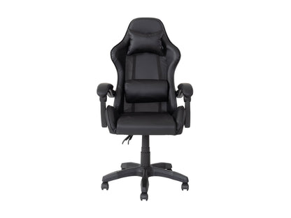 Black reclining gaming chair with ergonomic design, padded armrests, and adjustable headrest for optimal comfort.