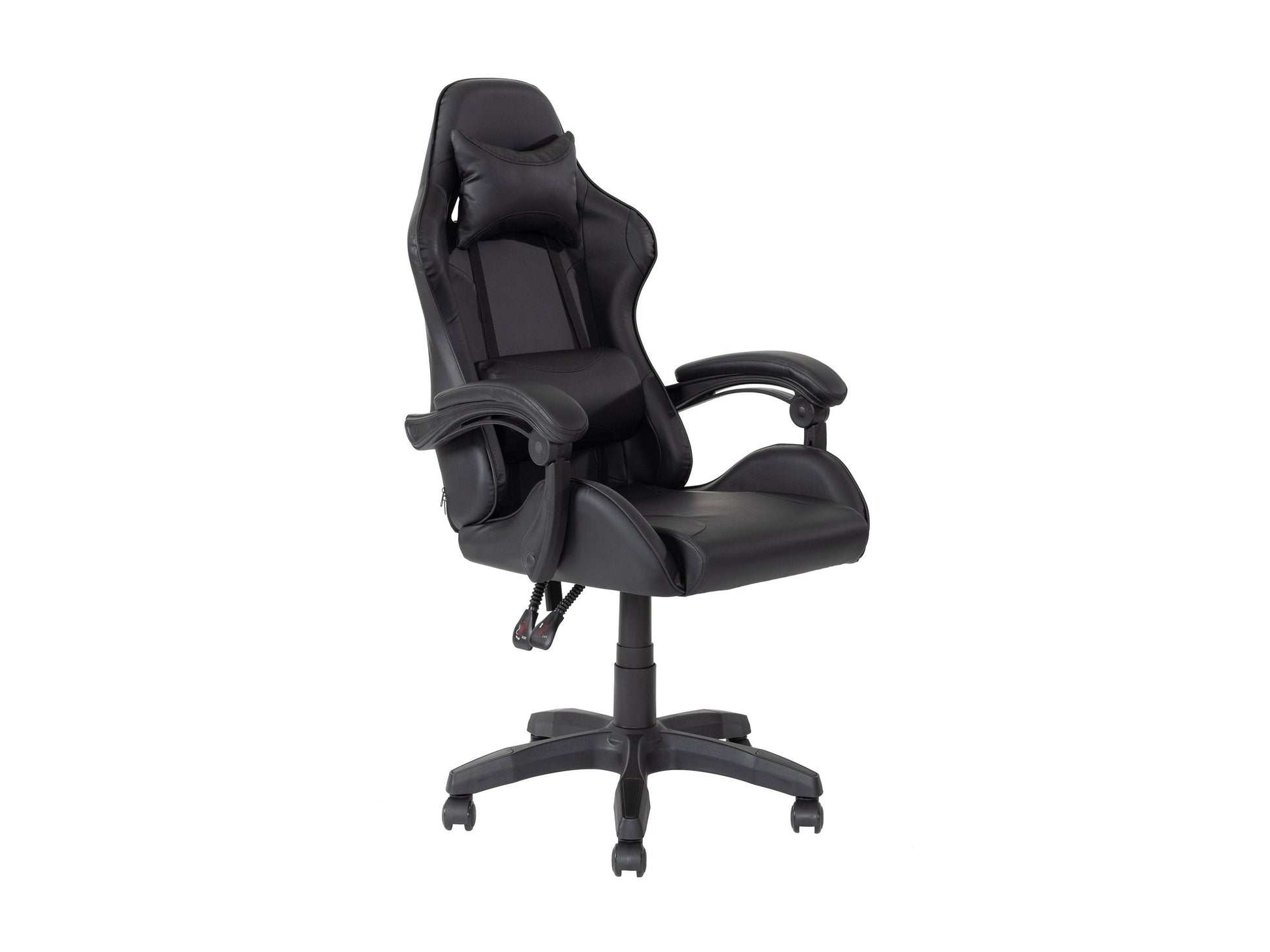 Black reclining gaming chair with ergonomic design, adjustable armrests, and lumbar support.